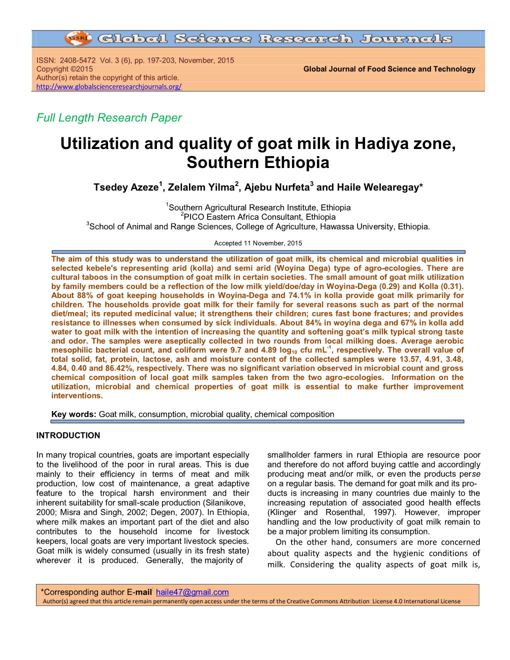 Utilization and Quality of Goat Milk in Hadiya Zone, Southern Ethiopia