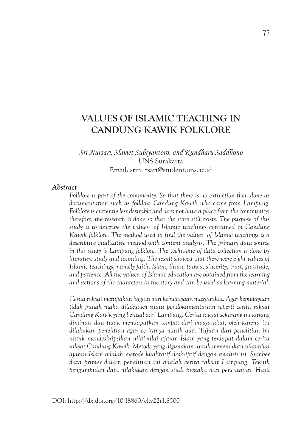 Values of Islamic Teaching in Candung Kawik Folklore