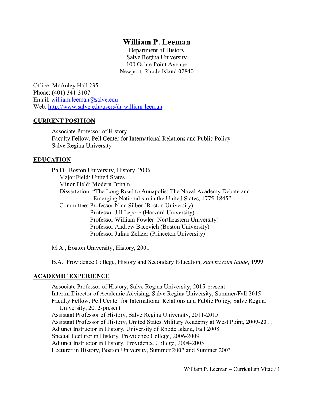 Curriculum Vitae / 1 Research Assistant for Professor Nina Silber, Boston University, 2001-2002