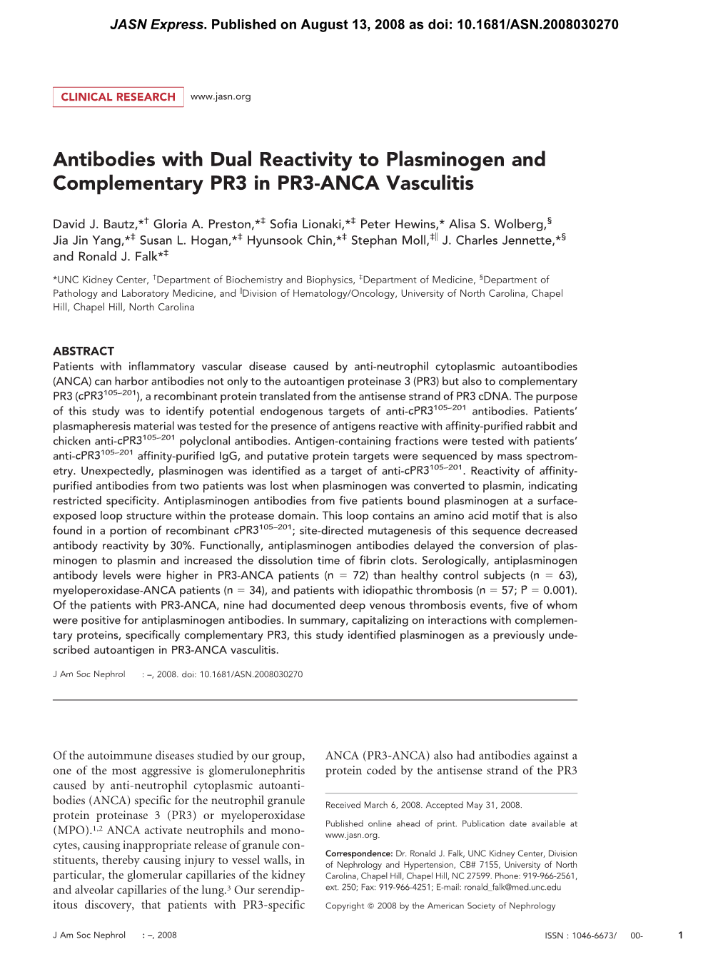 Antibodies with Dual Reactivity to Plasminogen and Complementary PR3 in PR3-ANCA Vasculitis