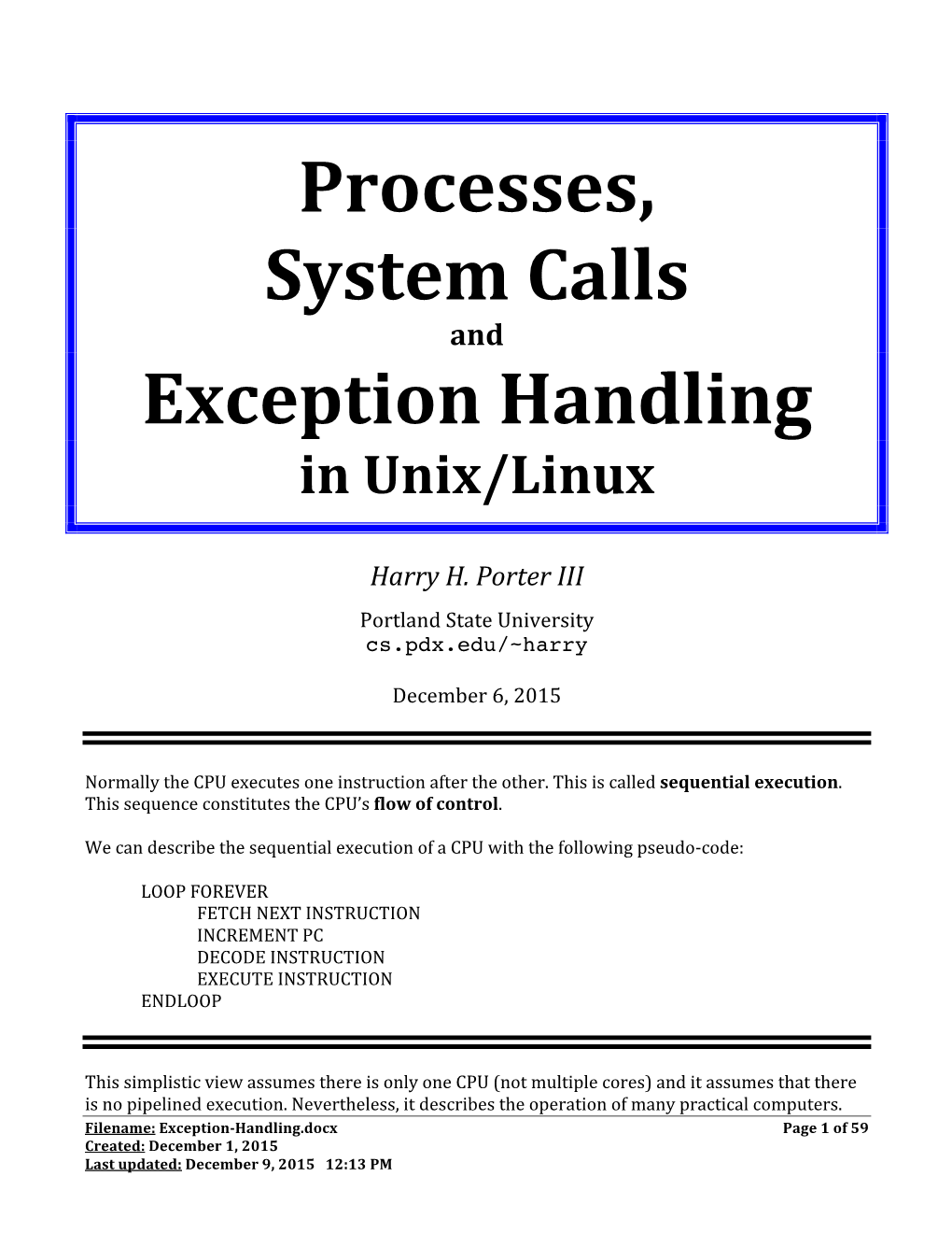 Processes, System Calls Exception Handling