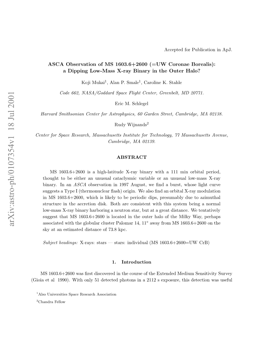 ASCA Observation of MS 1603.6+ 2600 (= UW Coronae Borealis): A