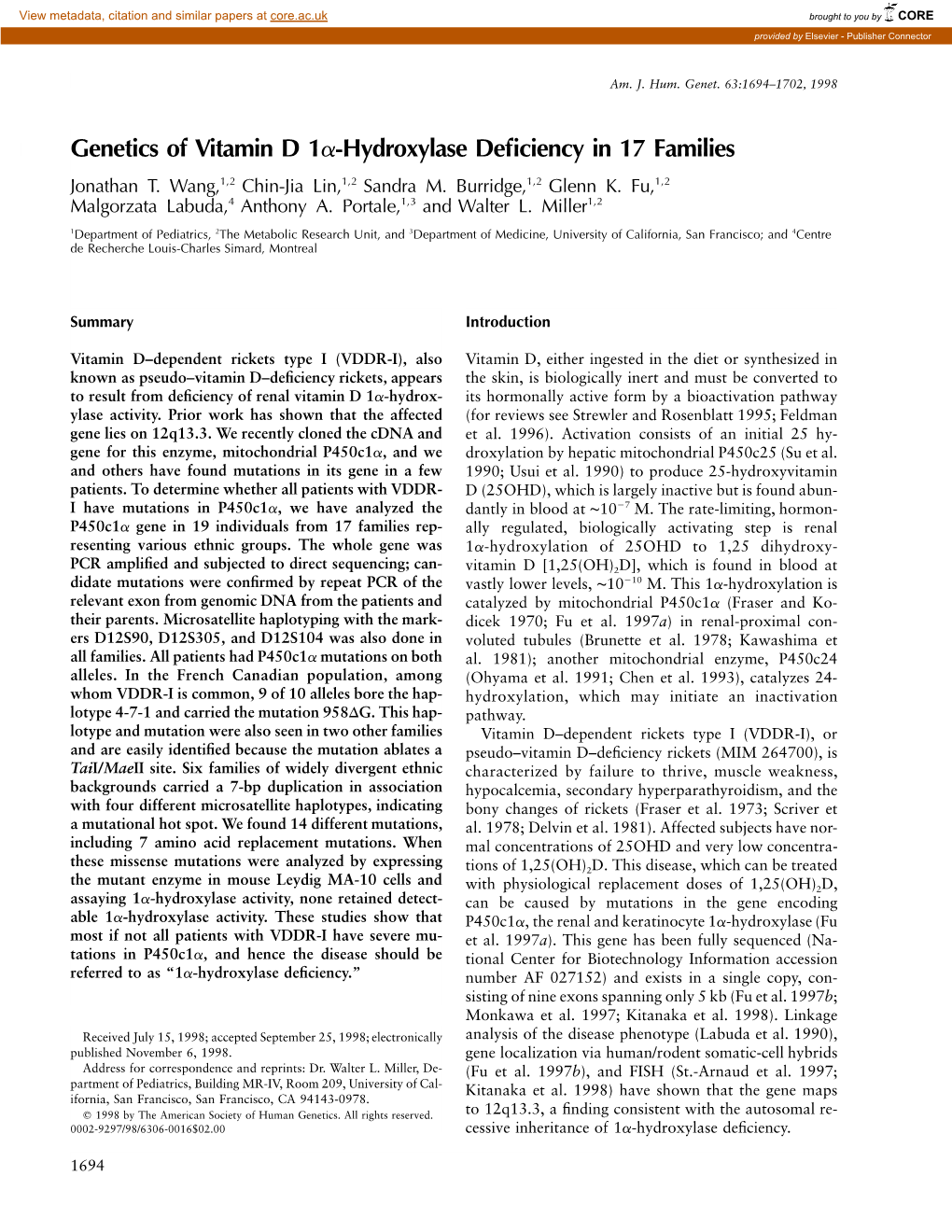 Genetics of Vitamin D 1A-Hydroxylase Deficiency in 17 Families