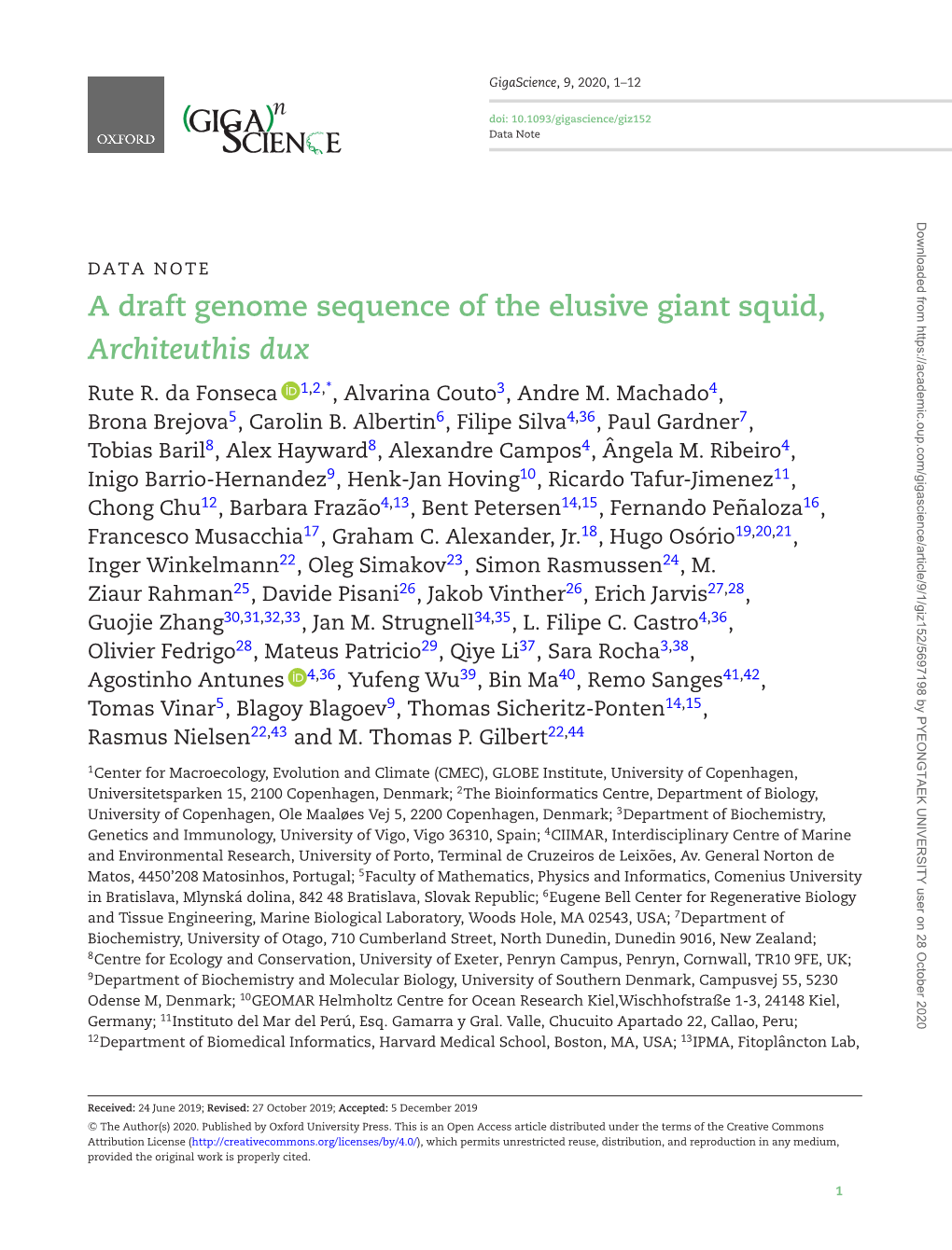 A Draft Genome Sequence of the Elusive Giant Squid, Architeuthis Dux Rute R