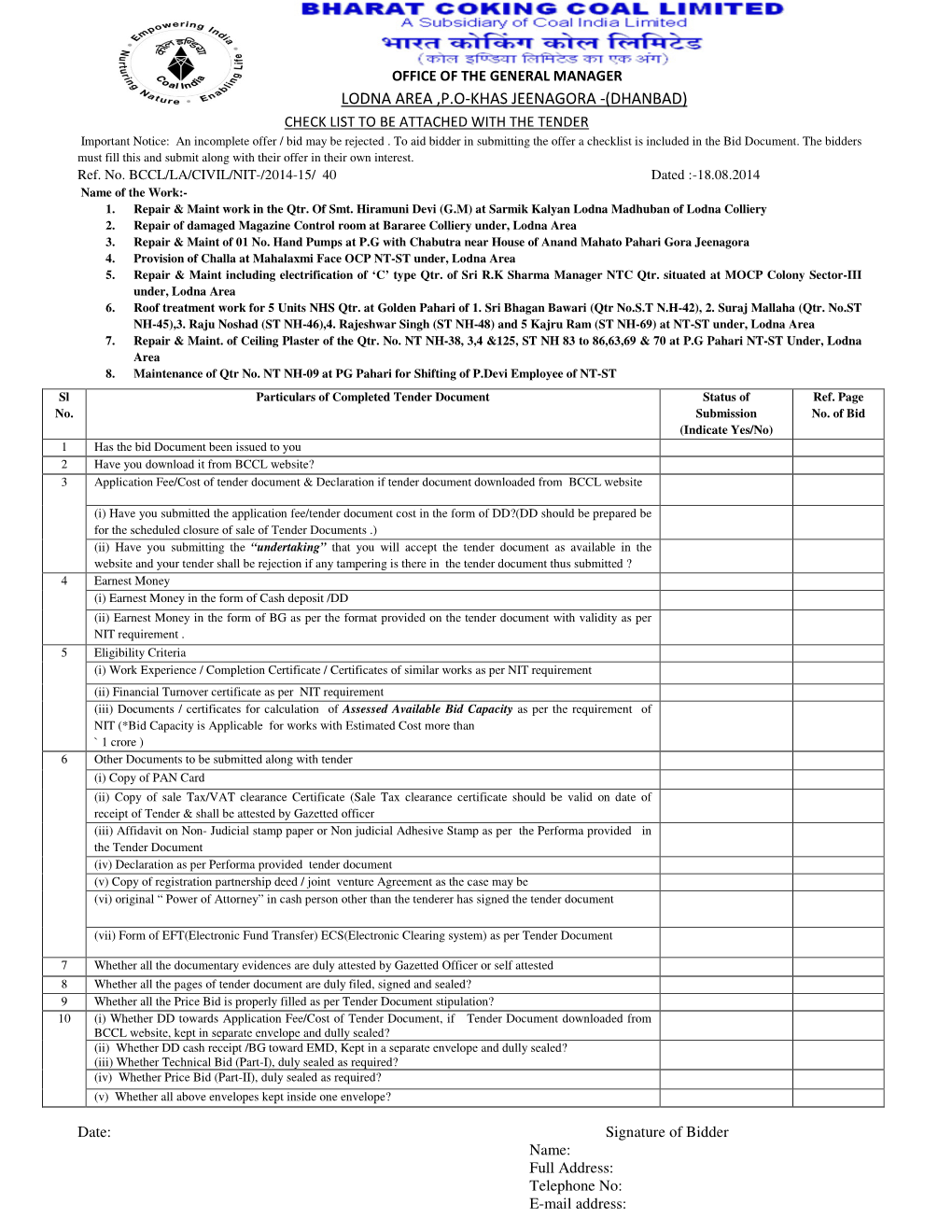 LODNA AREA ,P.O-KHAS JEENAGORA -(DHANBAD) CHECK LIST to BE ATTACHED with the TENDER Important Notice: an Incomplete Offer / Bid May Be Rejected