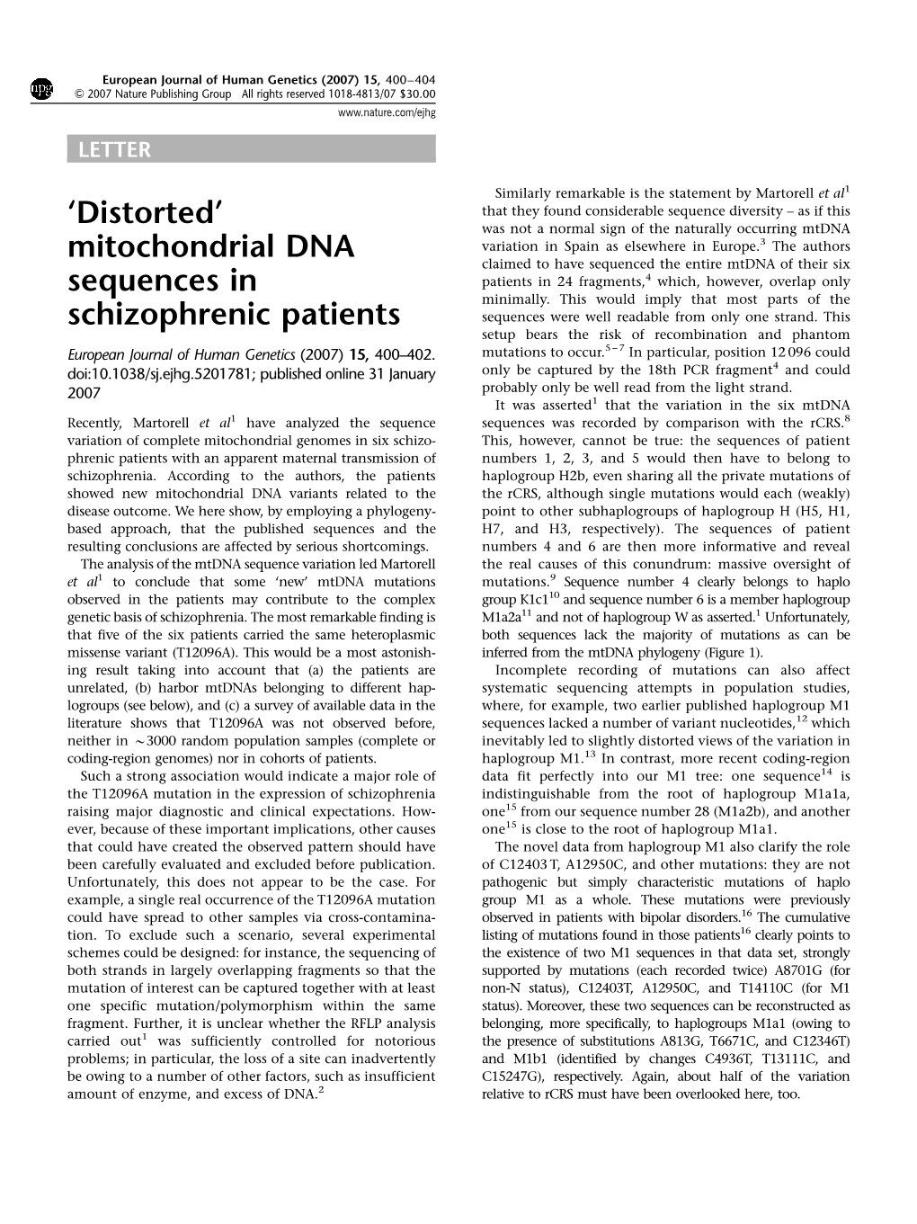 Mitochondrial DNA Sequences in Schizophrenic Patients