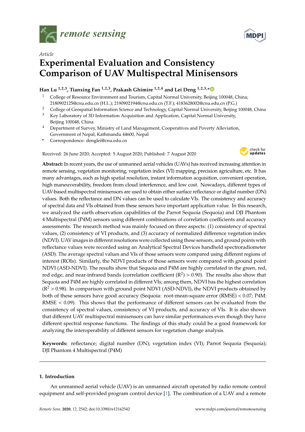 Experimental Evaluation and Consistency Comparison of UAV Multispectral Minisensors