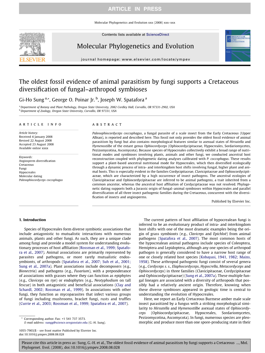 The Oldest Fossil Evidence of Animal Parasitism by Fungi Supports a Cretaceous Diversiﬁcation of Fungal–Arthropod Symbioses