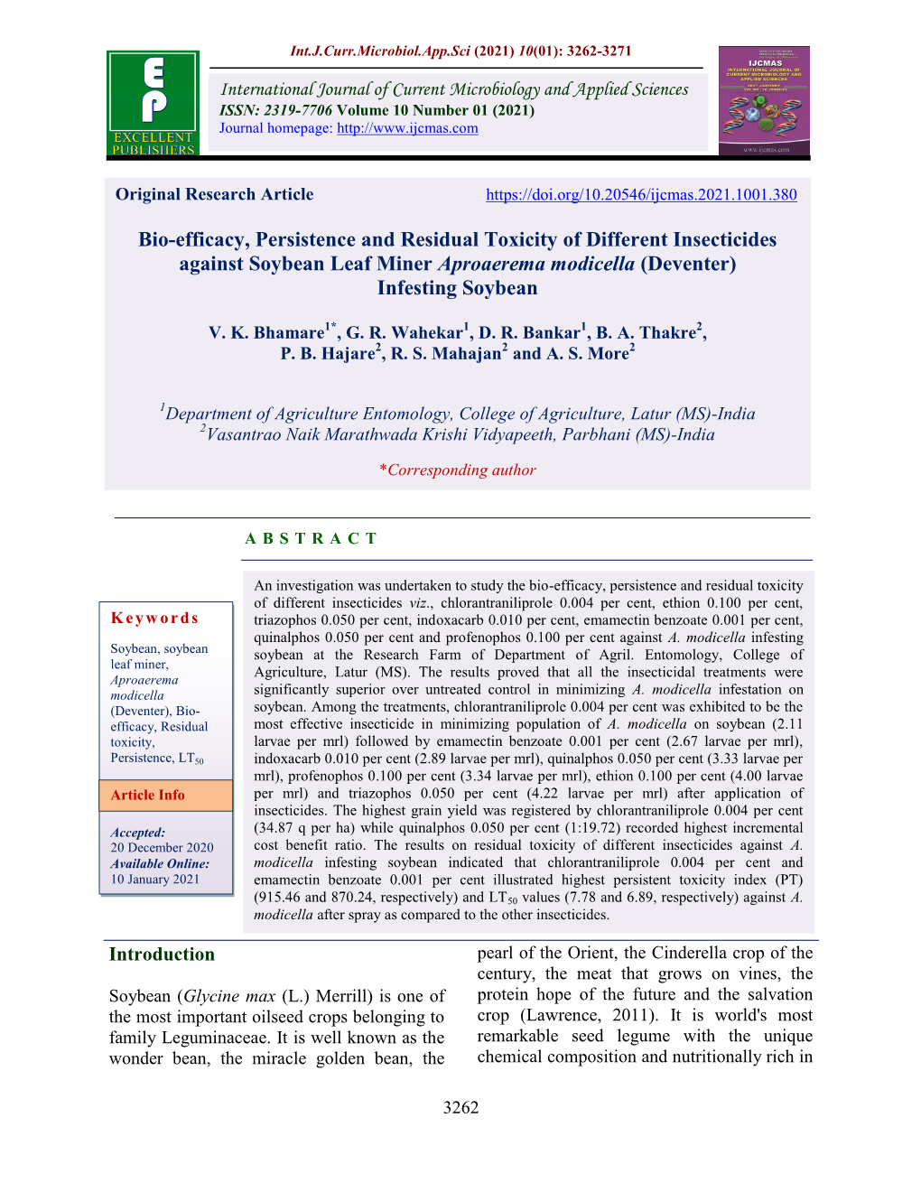 Bio-Efficacy, Persistence and Residual Toxicity of Different Insecticides Against Soybean Leaf Miner Aproaerema Modicella (Deventer) Infesting Soybean