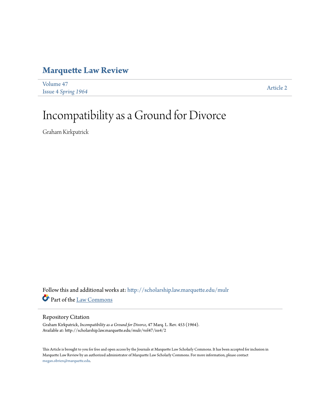 Incompatibility As a Ground for Divorce Graham Kirkpatrick