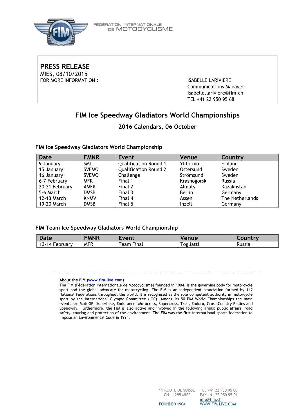 PRESS RELEASE FIM Ice Speedway Gladiators World Championships