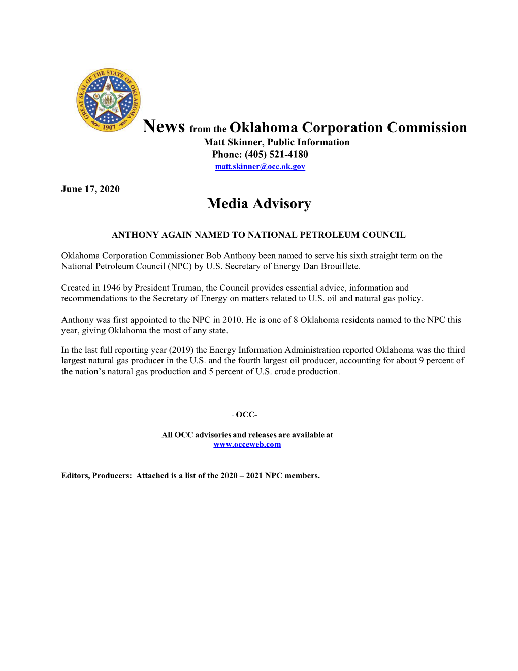 News from the Oklahoma Corporation Commission Media Advisory