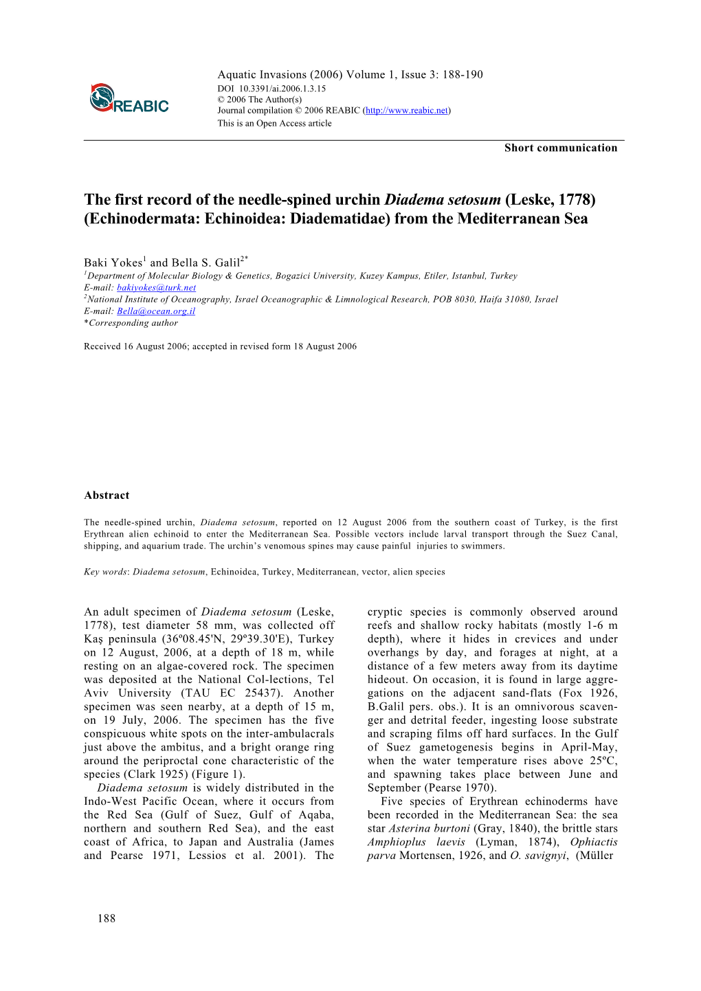 The First Record of the Needle-Spined Urchin Diadema Setosum (Leske, 1778) (Echinodermata: Echinoidea: Diadematidae) from the Mediterranean Sea