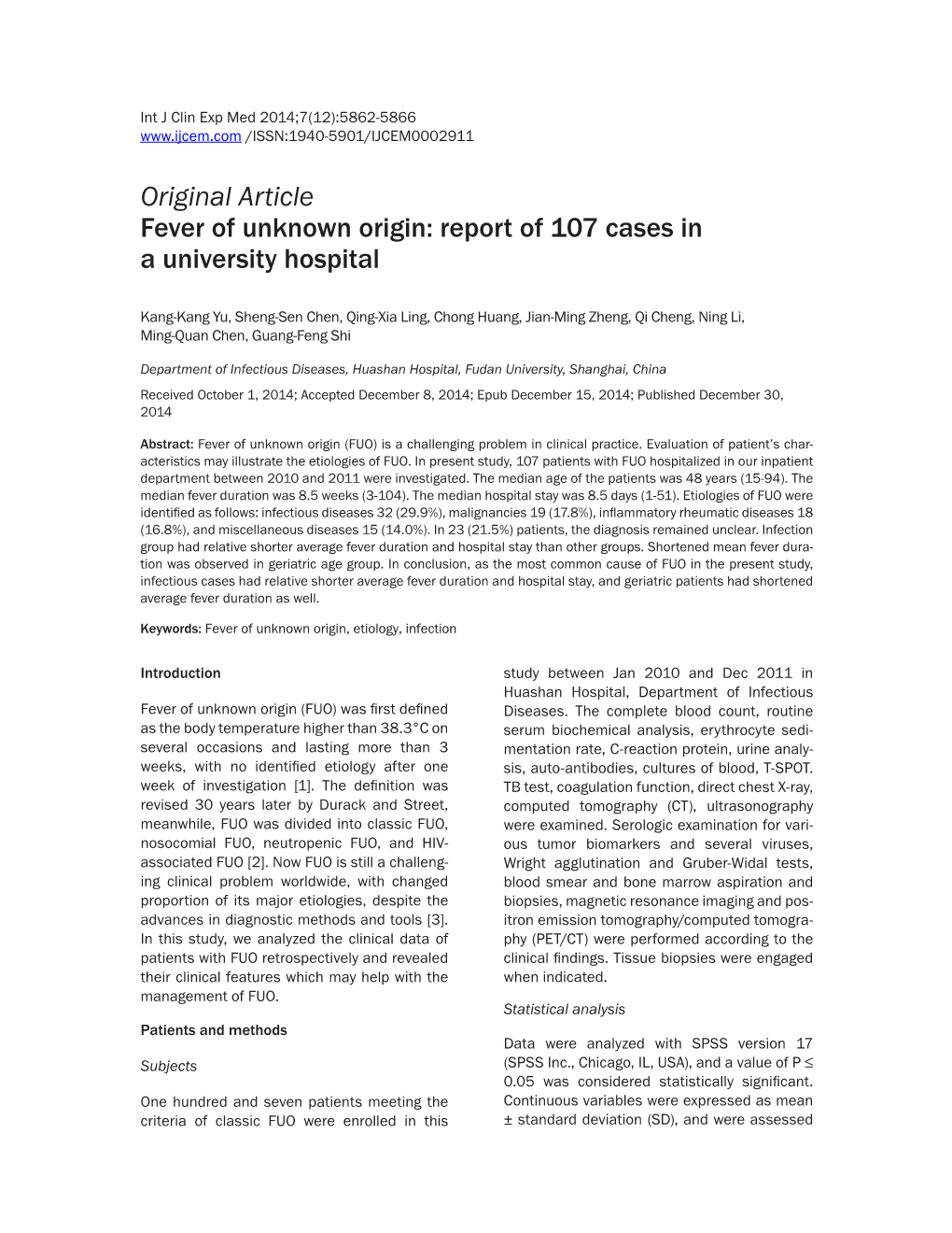 Original Article Fever of Unknown Origin: Report of 107 Cases in a University Hospital