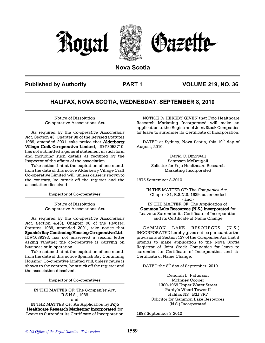 NS Royal Gazette Part I