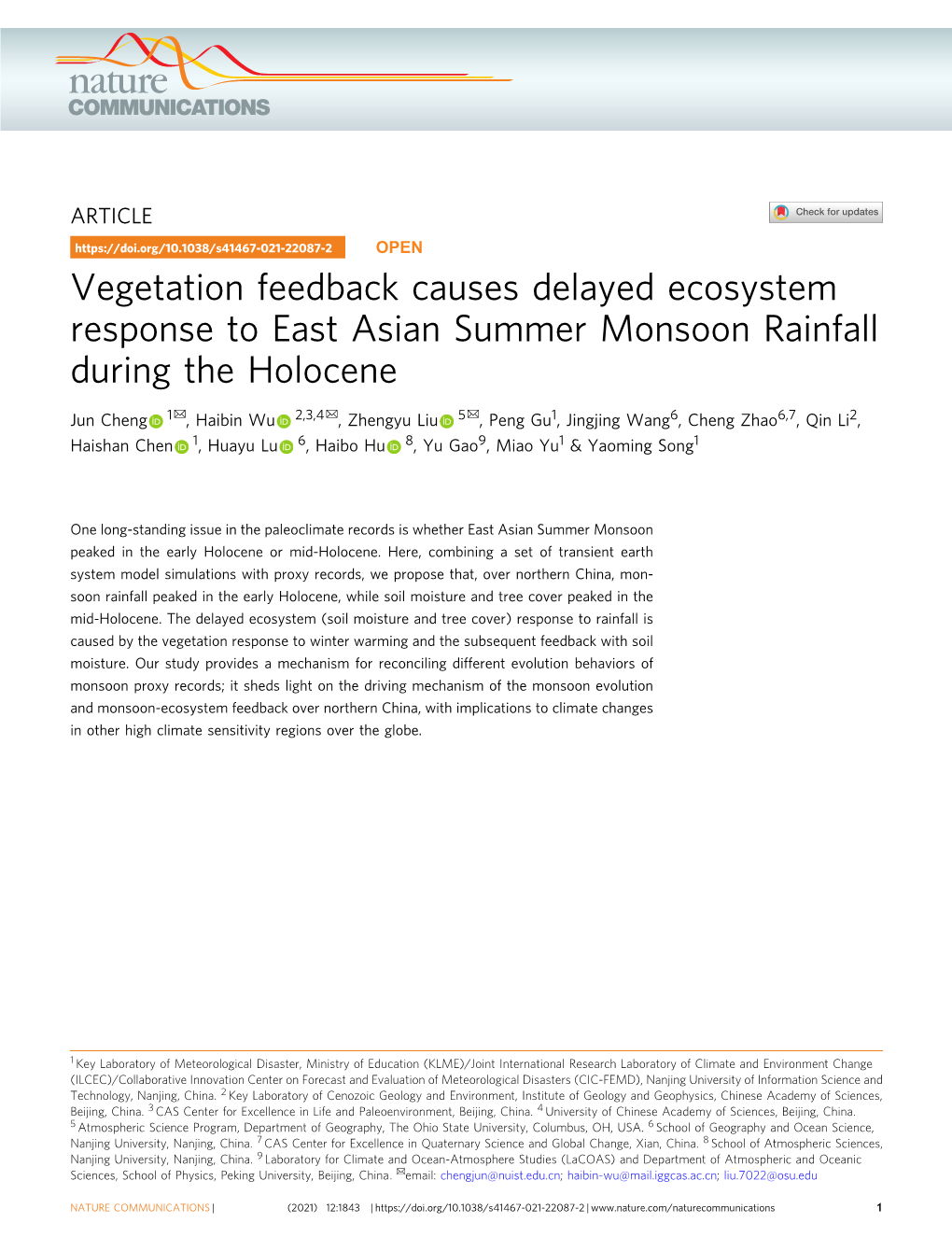 Vegetation Feedback Causes Delayed Ecosystem Response to East Asian Summer Monsoon Rainfall During the Holocene