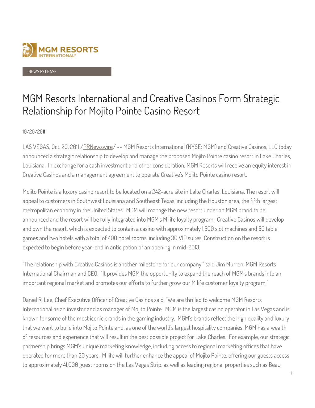 MGM Resorts International and Creative Casinos Form Strategic Relationship for Mojito Pointe Casino Resort