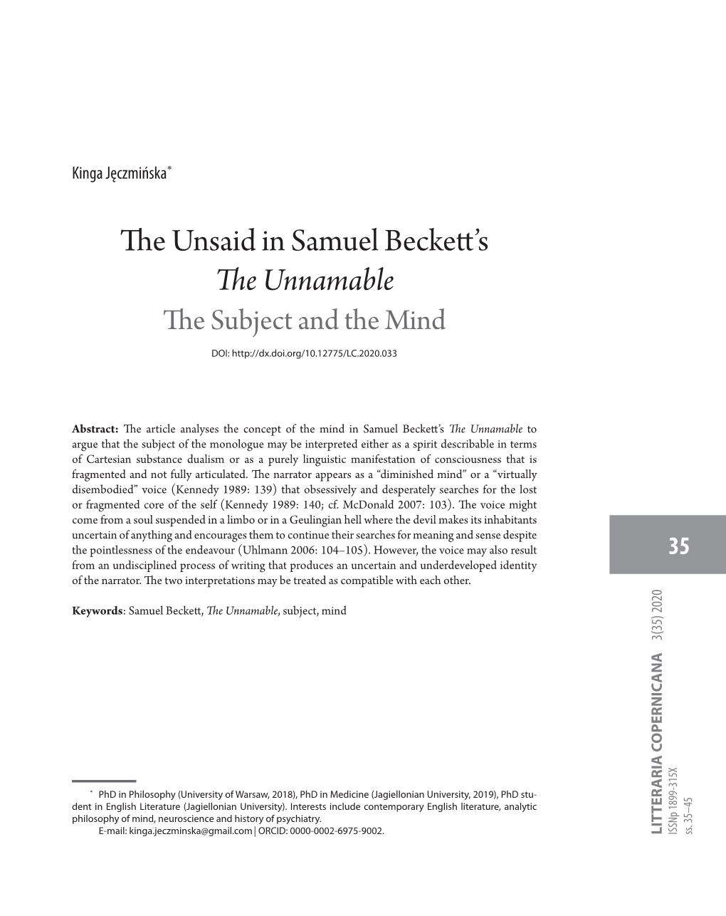 The Unsaid in Samuel Beckett's the Unnamable