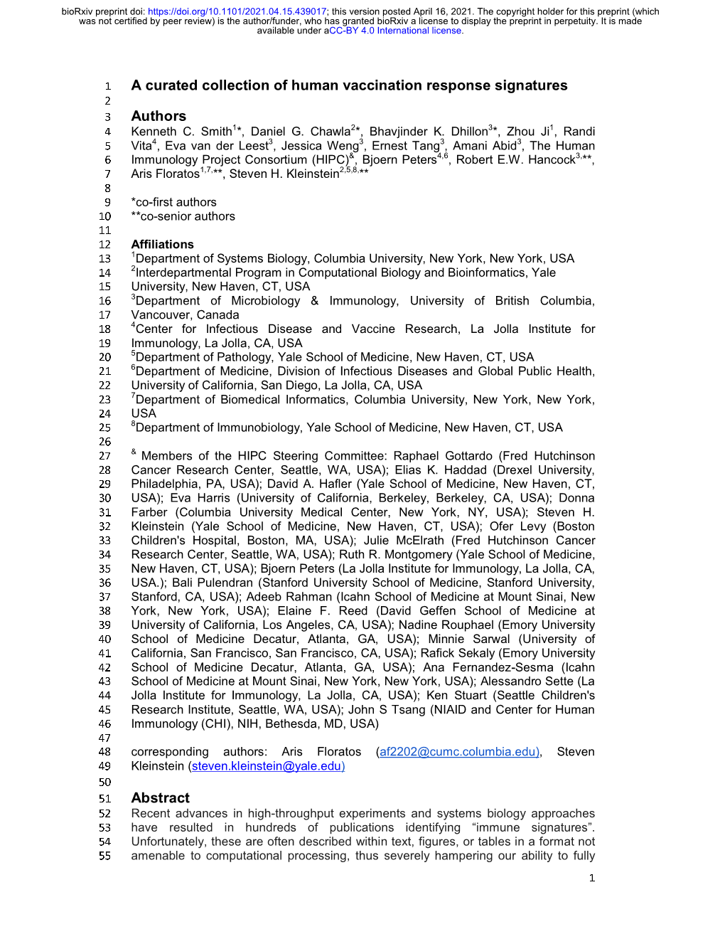 A Curated Collection of Human Vaccination Response Signatures Authors Abstract