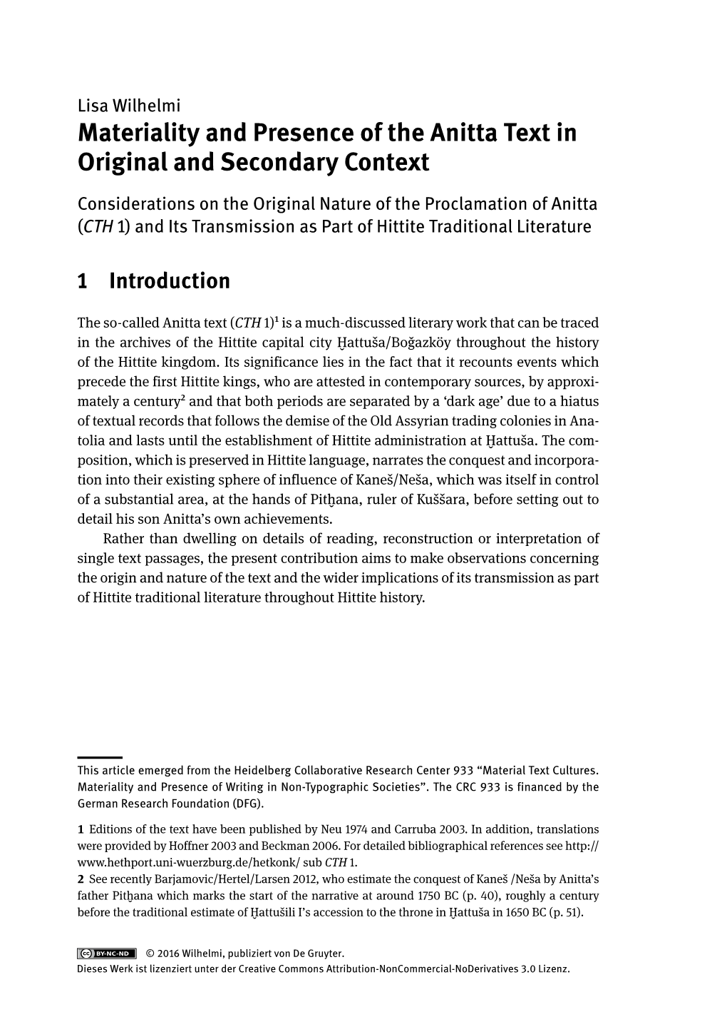 Materiality and Presence of the Anitta Text in Original and Secondary
