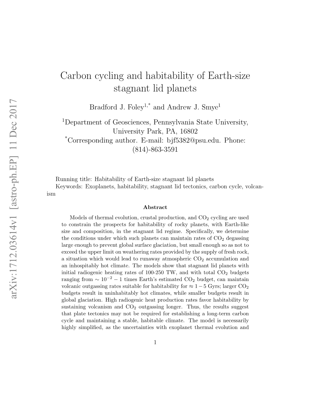 Carbon Cycling and Habitability of Earth-Size Stagnant Lid Planets Arxiv