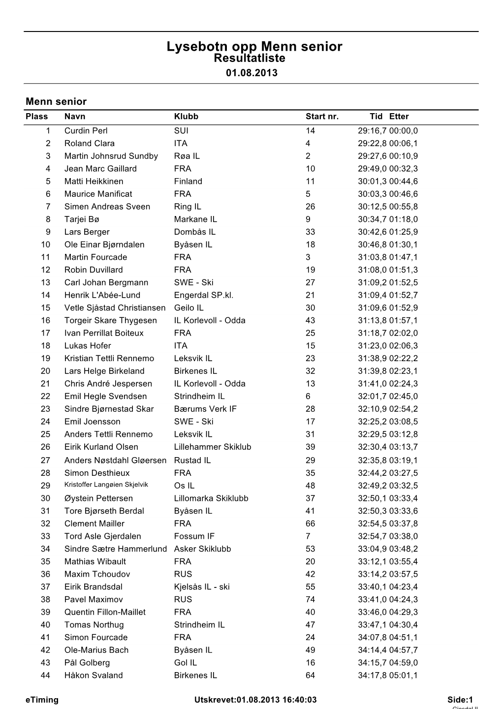 Lysebotn Opp Menn Senior Resultatliste 01.08.2013