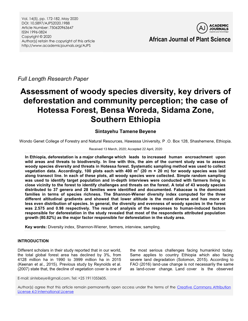 Assessment of Woody Species Diversity, Key