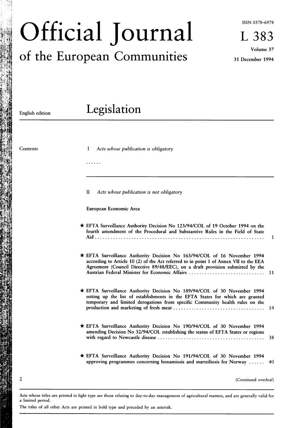 Official Journal L 383 Volume 37 of the European Communities 31 December 1994