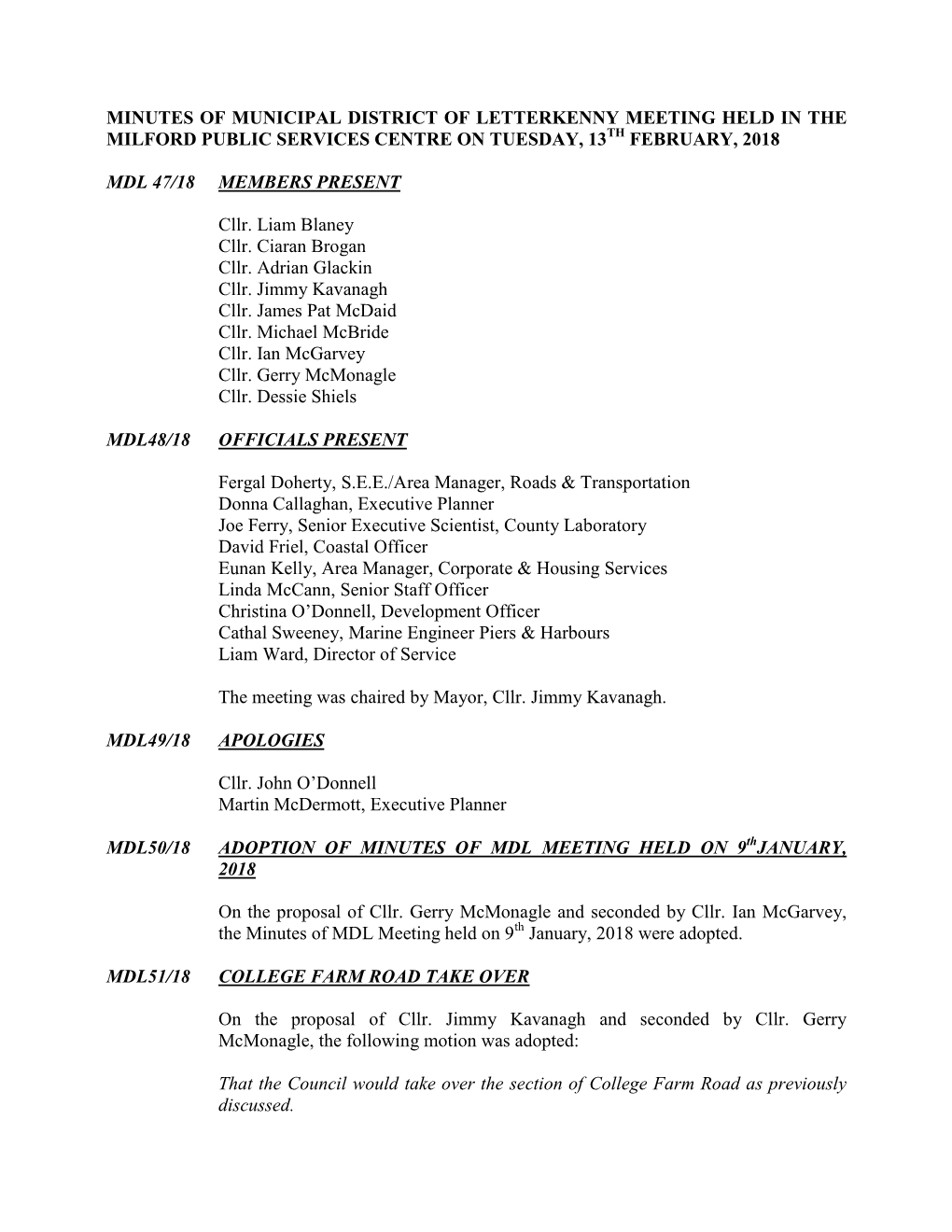 Minutes of Meeting of Letterkenny Electoral Area Committee, Held in the Fanavolty Hall, Fanad, Tuesday, 19Th November, 2013