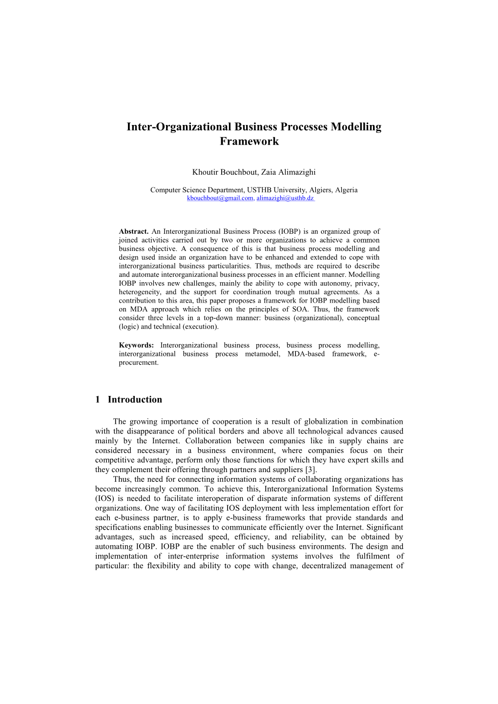Inter-Organizational Business Processes Modelling Framework