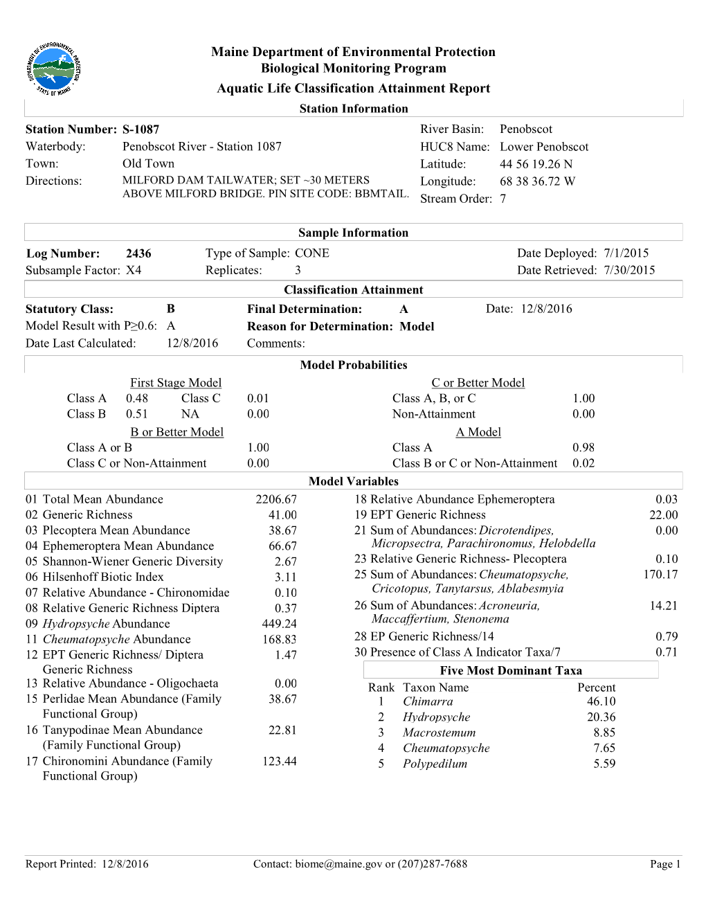 Aquatic Life Classification Attainment Report Maine