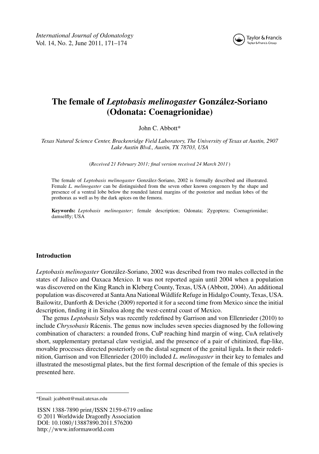 The Female of Leptobasis Melinogaster González-Soriano (Odonata: Coenagrionidae)