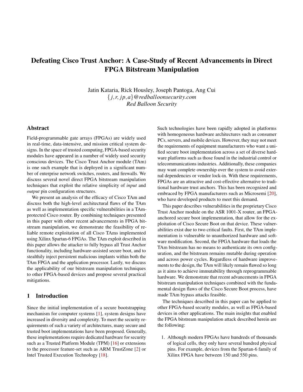 Defeating Cisco Trust Anchor: a Case-Study of Recent Advancements in Direct FPGA Bitstream Manipulation