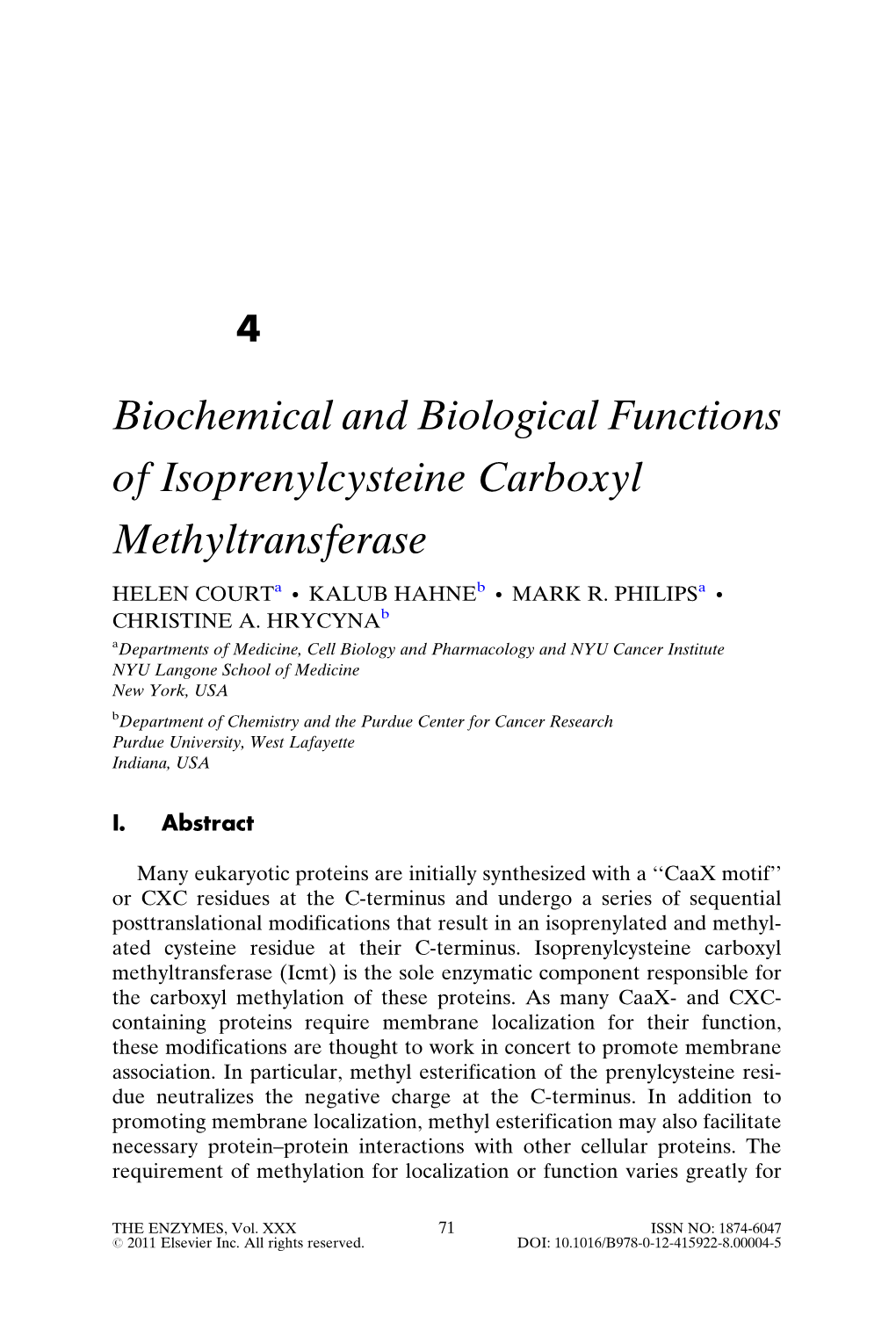 Biochemical and Biological Functions of Isoprenylcysteine Carboxyl Methyltransferase