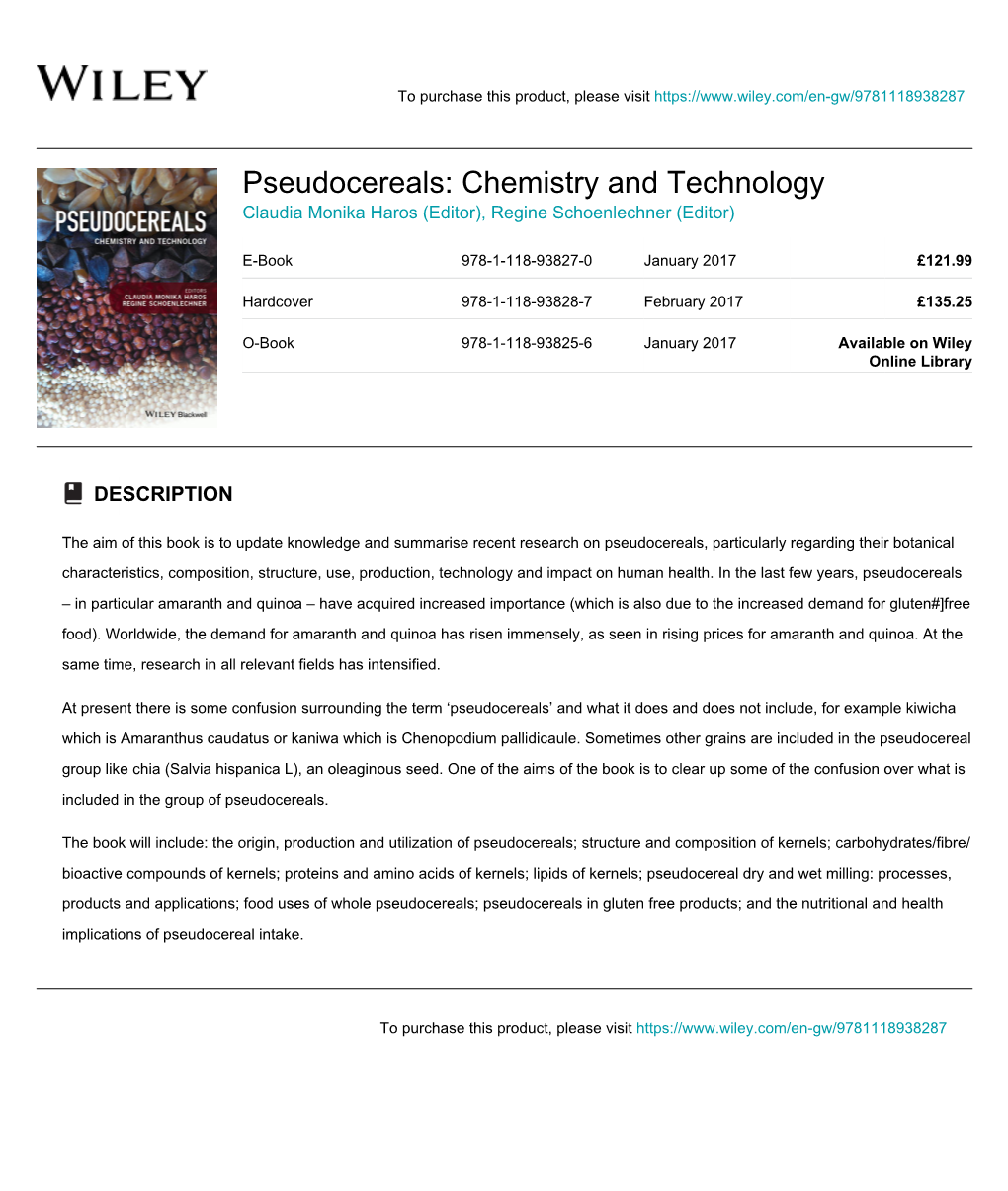 Pseudocereals: Chemistry and Technology Claudia Monika Haros (Editor), Regine Schoenlechner (Editor)