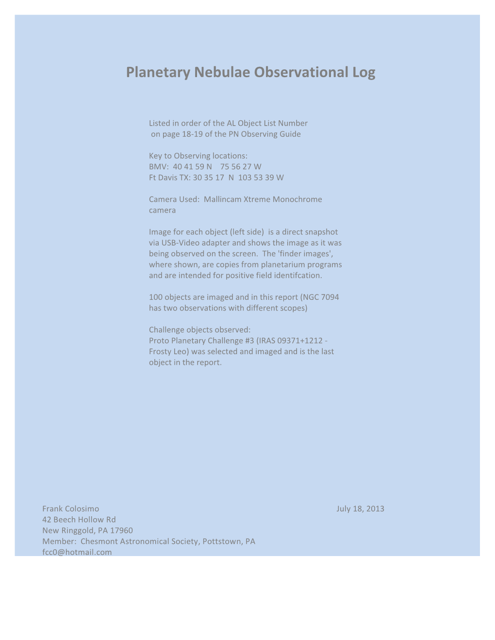 Planetary Nebulae Observational Log