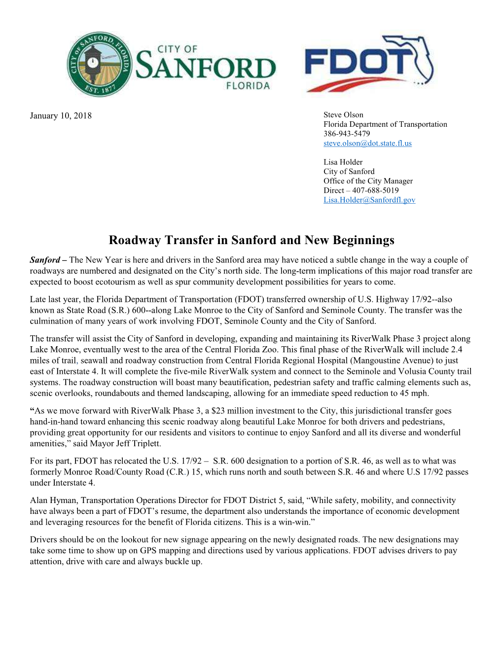 Roadway Transfer in Sanford and New Beginnings