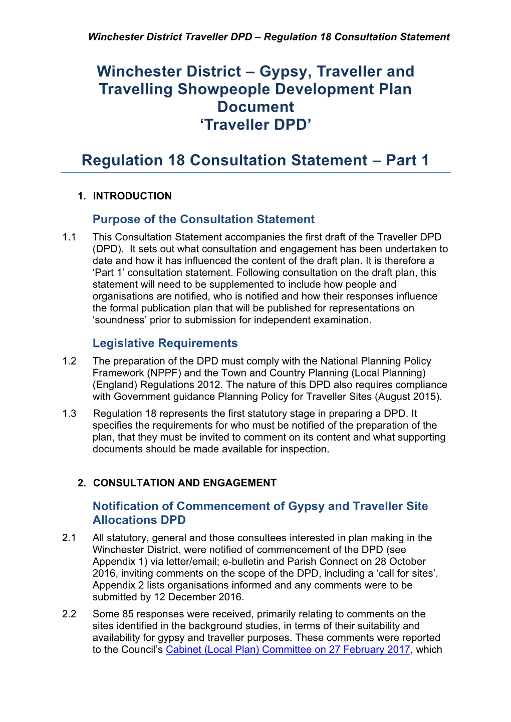 'Traveller DPD' Regulation 18 Consultation Statement – Part 1