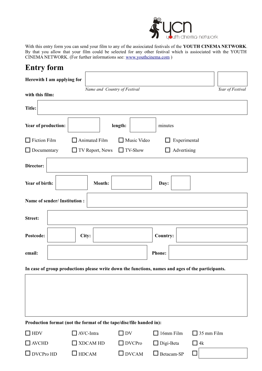 Youth Cinema Network Application Form