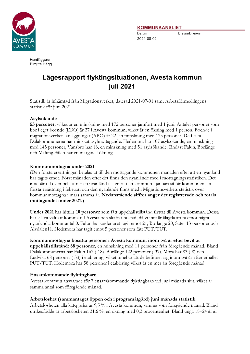 Lägesrapport Flyktingsituationen, Avesta Kommun Juli 2021