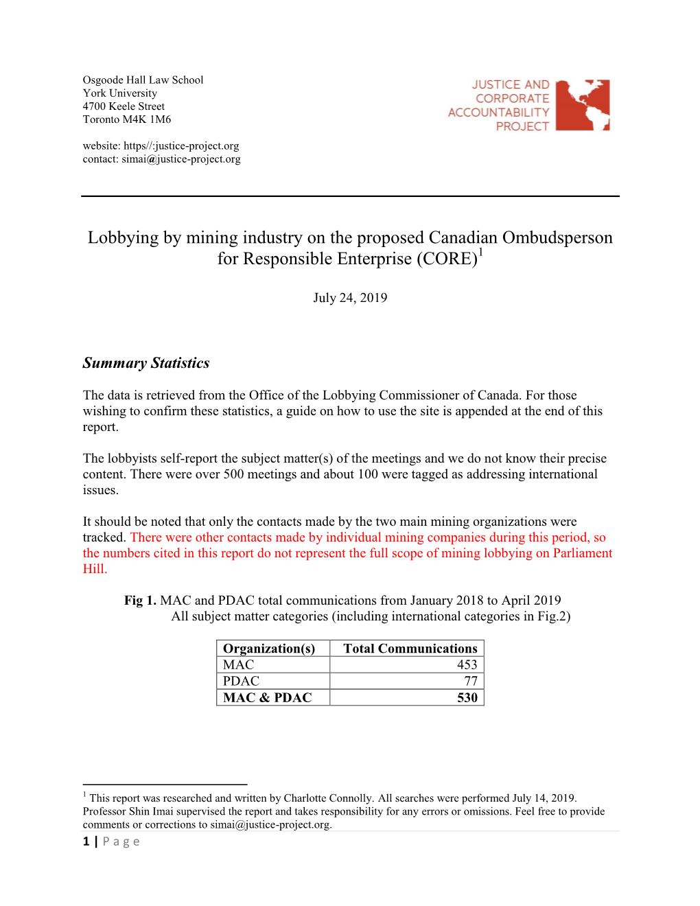 Lobbying by Mining Industry on the Proposed Canadian Ombudsperson for Responsible Enterprise (CORE)1