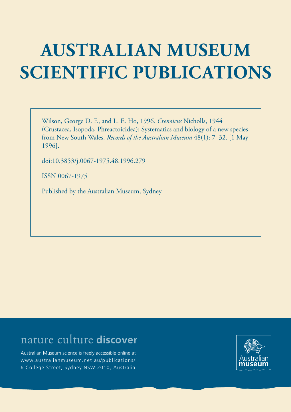 Nicholls, 1944 (Crustacea, Isopoda, Phreactoicidea): Systematics and Biology of a New Species from New South Wales