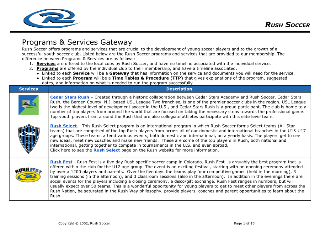 RUSH SOCCER Programs & Services Gateway