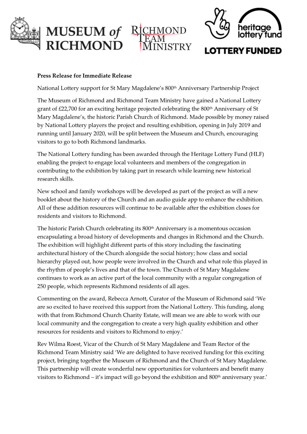 Press Release for Immediate Release National