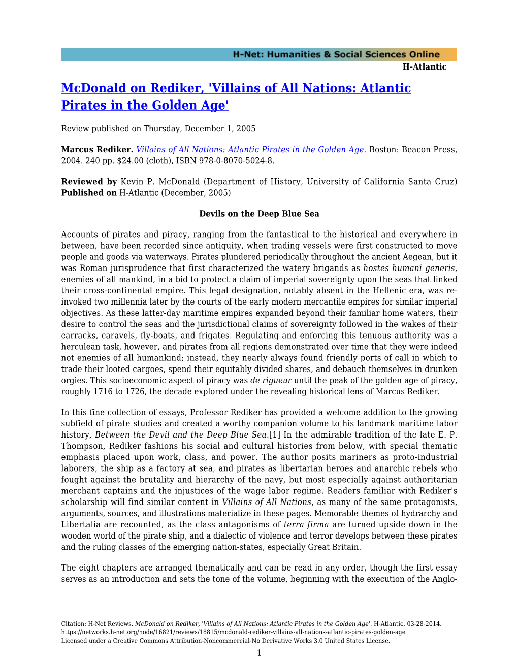 Mcdonald on Rediker, 'Villains of All Nations: Atlantic Pirates in the Golden Age'