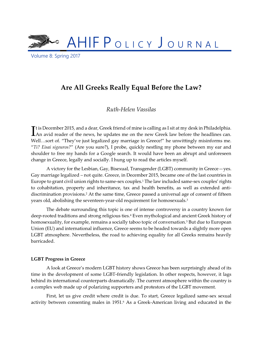 AHIF Policy Journal Volume 8, Spring 2017