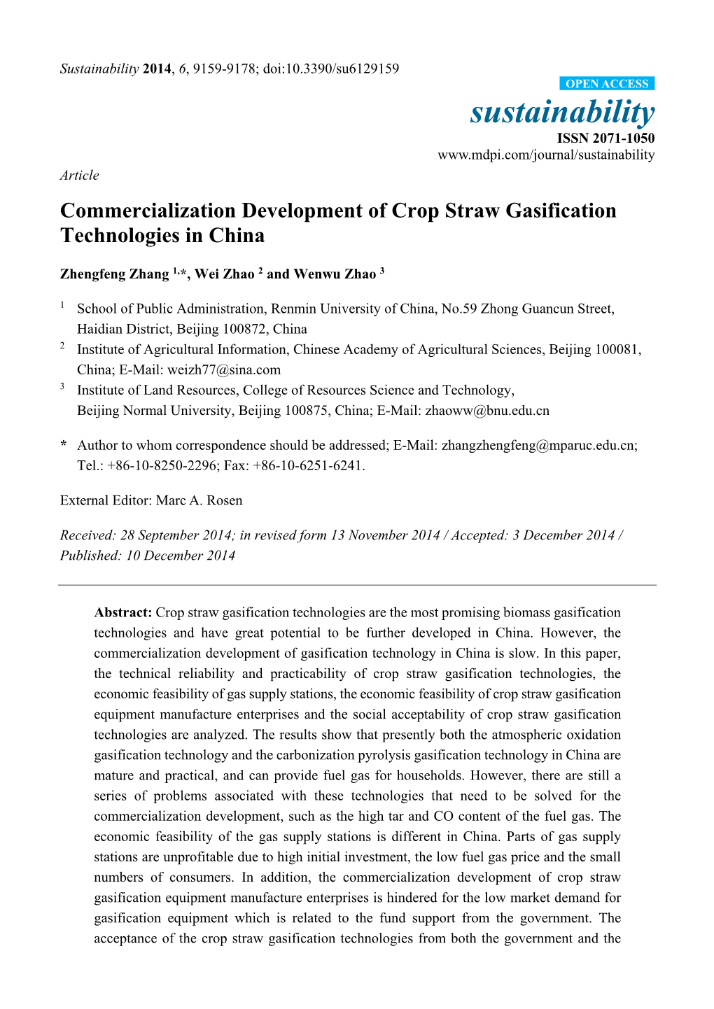 Commercialization Development of Crop Straw Gasification Technologies in China