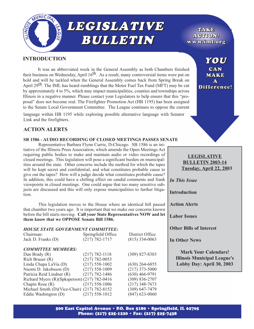 Legislative Bulletin 4/22/03