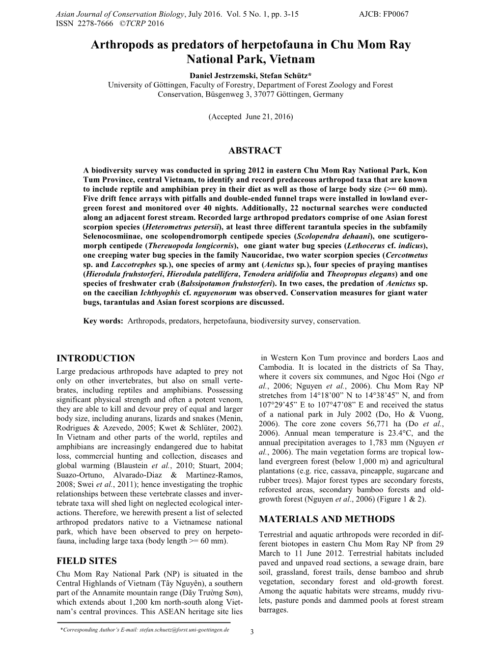 Arthropods As Predators of Herpetofauna in Chu Mom Ray National Park, Vietnam