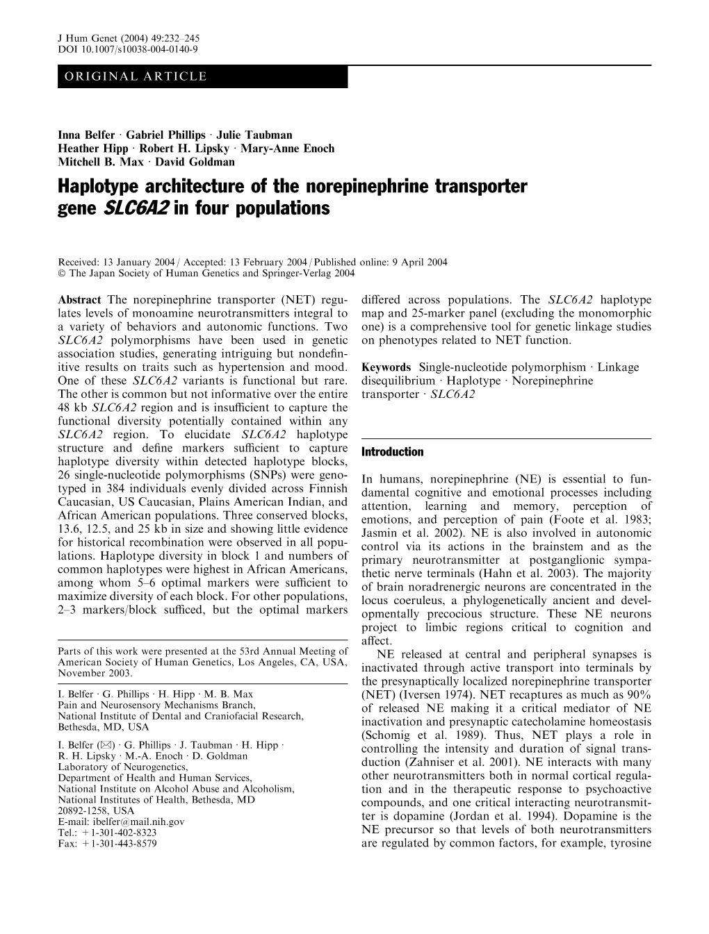 Haplotype Architecture of the Norepinephrine Transporter Gene SLC6A2 in Four Populations